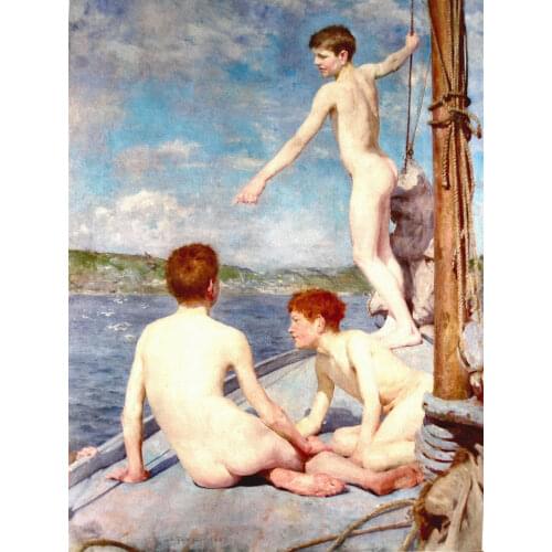 Wonderful Oil painting Henry Scott Tuke - gay Nude young boys on the sail boat
