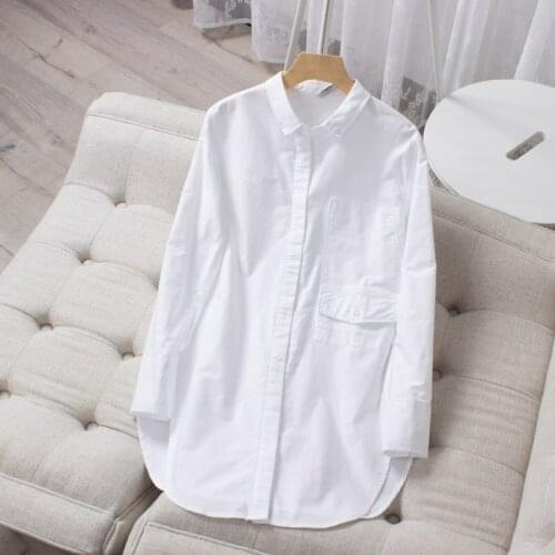 100% Cotton White Women Shirts Summer New 2021 Loose Straight Pocket Long-Sleeved Elegant Office Lady Outwear Tops