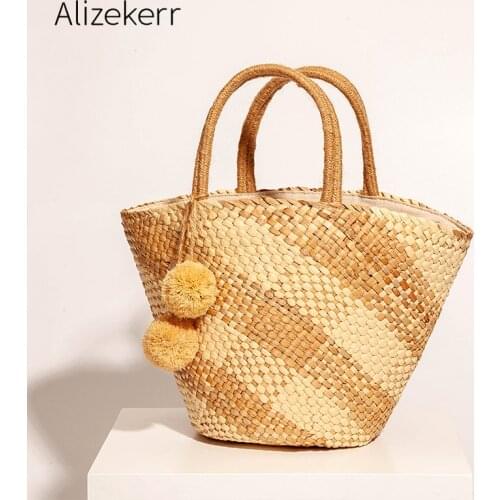 Pom Pom Balls Plaid Straw Bag Women 2021 Vintage Handmade Weave Large Basket Round Nature Tote Beach Rattan Bag Holiday Leisure