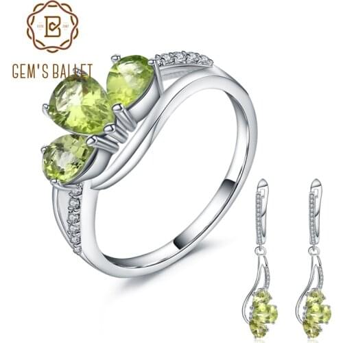 GEMS BALLET Natural Green Peridot Dangle Earrings Ring Jewelry Sets Genuine 925 Sterling Silver Vintage Fine Jewelry For Women