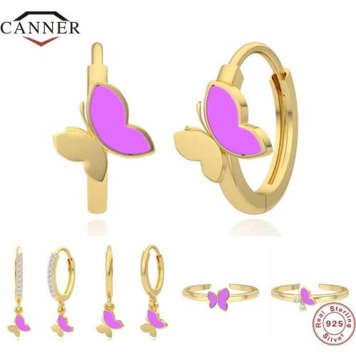 CANNER Purple Butterfly S925 Sterling Pendant Drop Earrings for Women Piercing Huggie Dangle Earings Fingger Ring Fine Jewelry