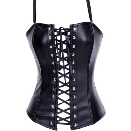 Shoulder Straps Front Zipper Womens Slimming Body Shapewear Sexy Punk Bustier Boned Corset Top Faux Leather Size S-6XL Style