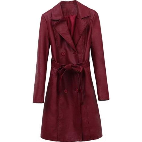 2020 New Korean Spring Autumn Faux Leather Long Trench Coat Women fashion casual slim PU Leather Coats Female Overcoats M157