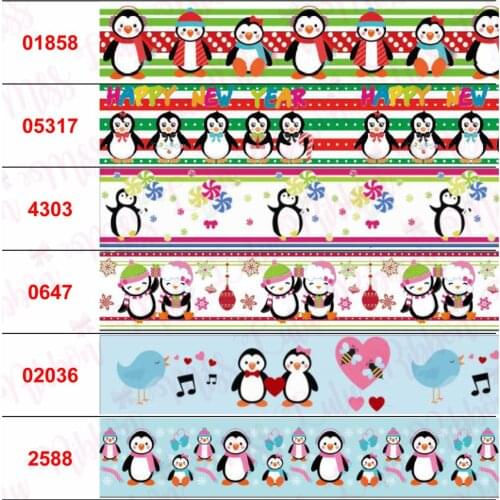 16mm-75mm Cartoon Penguin Series Snowflake Owl Printed Grosgrain/Elastic Ribbon DIY Christmas Happy New Year 50yards/roll
