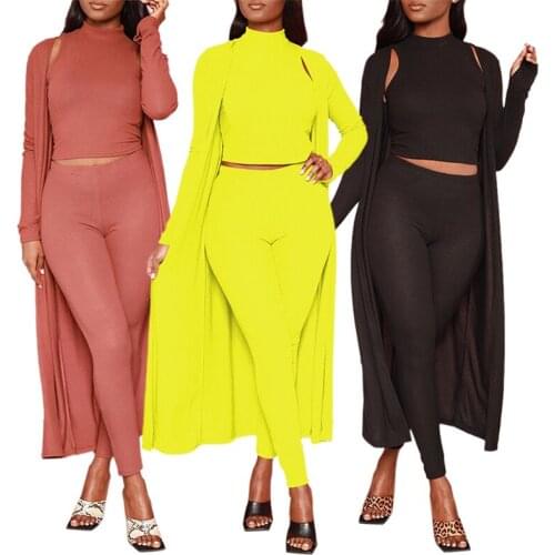 2021 Fashion Women Three Piece Sets Casual Solid Cropped Top+Skinny Pants+Long Sleeves Long Cardigan Elegant Lady Party Outfit