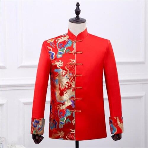 2020 New Chinese Style Men Groom Married Formal Dress Costume Red Wedding Dress Noble Dragon Tang Suit Host Chinese Tunic Suit