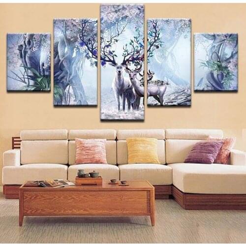5 Pieces Wall Art Canvas Painting Animal Poster Deer Trees Abstract Modern Home Living Room Decoration Pictures