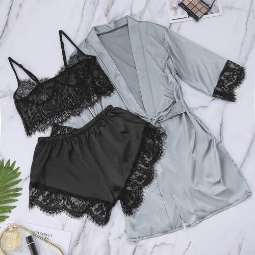 Satin Silk Pajamas Robe Lace Lingerie Women Underwear Sleepwear Pants With Belt Sexy Nightwear Set Pyjamas Women W68