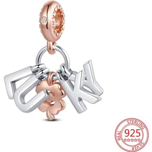 New 925 Sterling Silver Fashion LUKY Letter Double Color Separation Beads DIY Women Jewelry Fit Original Pandora Charm Bracelets