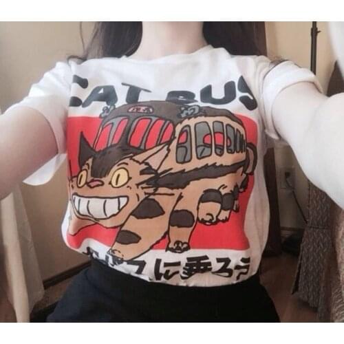 HAHAYULE Studio Ghibli Neighbour Totoro Ride Cat Bus Japanses Anime Unisex T-Shirt Tumblr Cute Graphic Tee White
