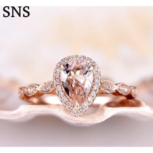 Natural Morganite Ring Peart Cut 6*8mm Pink Color Prong Setting with EF Melee size Moissanite Promise Ring 14k Rose Gold