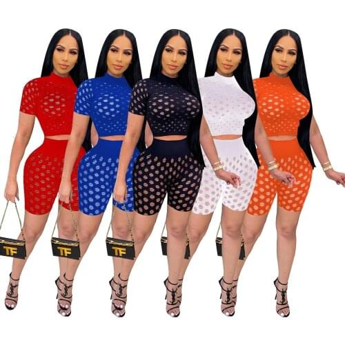 Sexy Hollow Out Club Shorts Sets Women Perspective Fishnet Two Pieces Club Outfits Short Sleeve Turtleneck Top and Biker Shorts