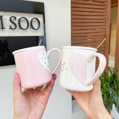 Korean love handle ceramic cup cute girls heart pink tender Mug wedding ceremony with hand gift creative wave point cup