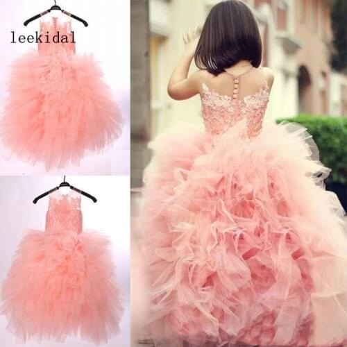 Real photos cute pink flower girls' dresses for weddings tulle ruffles layered lace girls party princess pageant gowns custom