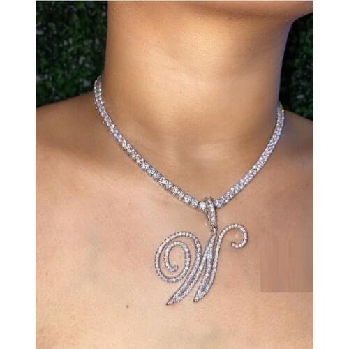 Cursive Letter Pendant Necklace Micro Pave 5A Cubic Zirconia CZ 26 Initial Alphabet With Box Tennis Chain