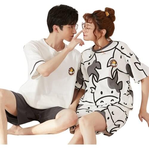 Summer 100% Cotton Pajamas Cartoon Men Pyjamas Suit Couple Pajamas Short Sleeve Women Pijama Sleep Clothing