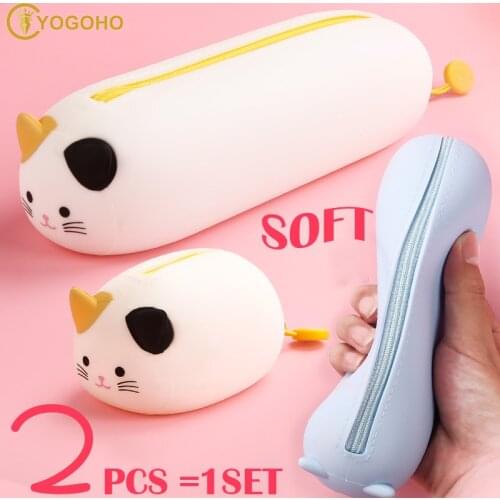 Cute Big and Small Cat Pencil Cases Large Capacity Pen Bag Soft Makeup Storage Box School Supplies Kawaii Silicone Stationery
