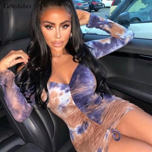 LaStylisher Off Shoulder Mini Dress Drawstring Long Sleeve Bodycon Sheath Sexy Dresses Streetwear 2019 Clothes Party Clubwear