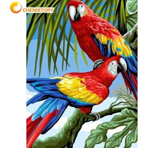 Chenistory Painting By Numbers For Adults Two Parrot On Tree Scenery Paints DIY Framed Birthday Gift For Home Wall Art Decors