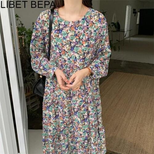 2020 New Women Autumn Winter Dresses Fashionable Korean Style Floral High Waist Vintage Wild Warm Oversize Long Dress DR6250