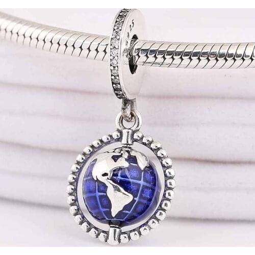 Original Blue Enamel Spinning Globe With World Map Pendant Bead Fit 925 Sterling Silver Bead Charm Europe Bracelet Diy Jewelry