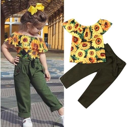 2-7Y Kids Baby Girls Clothes Sets 2021 Summer Children Off Shoulder Floral Ruffle Crop Tops+Long Pants Casual Girls Outfits