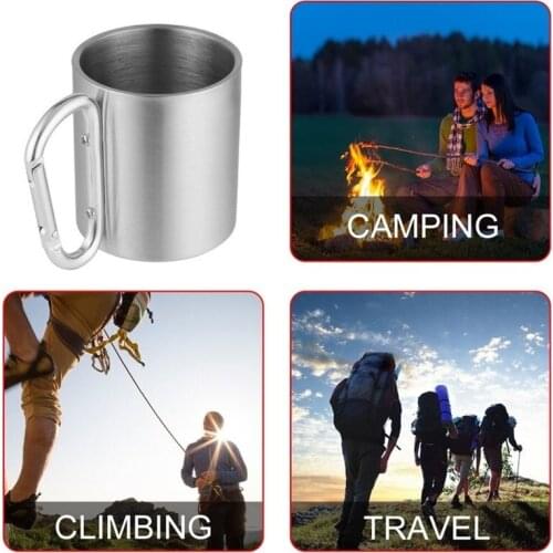 Portable Camping Cup With Carabiner Stainless Steel Lock Hook Tea Coffee Milk Water Mug Travel Outdoor Cup For Backpacking Hike
