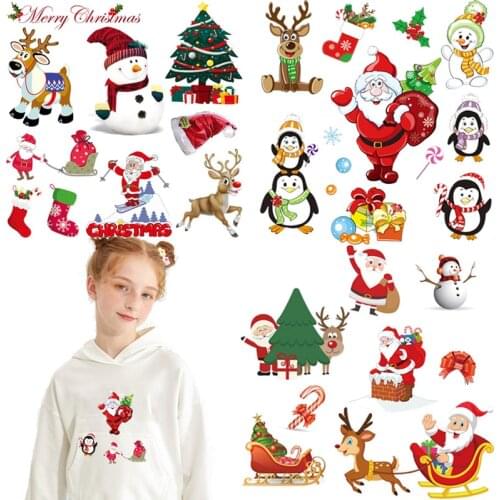 Christmas stickers iron on transfer Santa Claus patches for clothing deer snowman Christmas heat vinyl transfer applique badge