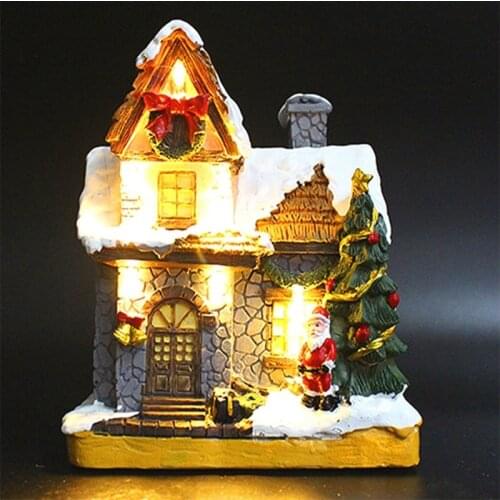 Christmas Snow Glowing House Resin Desktop Ornaments with Lanterns Creative Christmas Model Decor for Home Indoor Desk