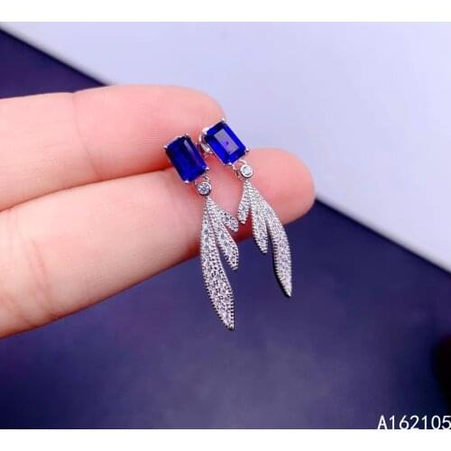 Fine jewelry 925 pure silver Chinese style natural sapphire girl luxury popular rectangle gem earrings ear stud support detectio