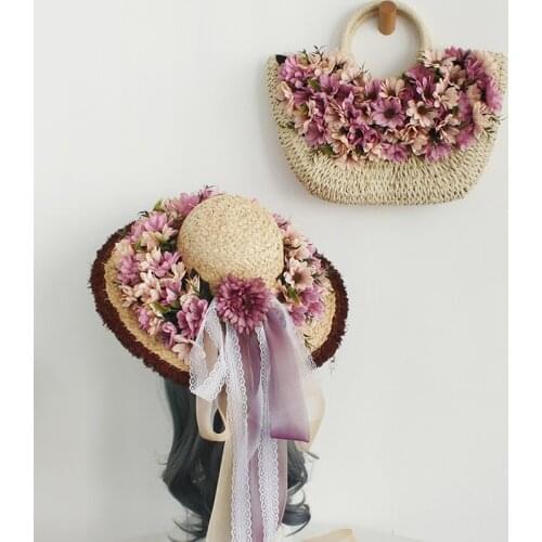 New Straw Woven Bag Ins Rattan Woven tote bag Elegant woman Vacation Beach Bags Purple flowers Handbag With Sun hat