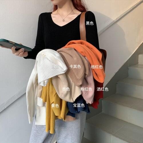 2021 Sexy V Neck Long Sleeve Slim Knitted Sweater Tops Spring Autumn Knitwear Pullover Jumper Tops WDC6512