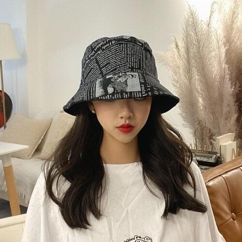 Unisex Korean New Spring Summer Newspaper Pattern Fisherman Hat Women Japanese Wild Sun Double-sided Wearing Retro Basin Hat Men