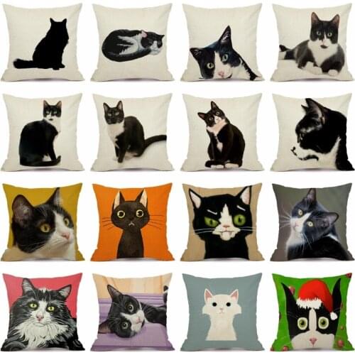 XUNYU Black Pet Cat Linen Pillow Case Sofa Square Decorative Pillow Cover Animal Pattern Cushion Cover 45X45cm HM002