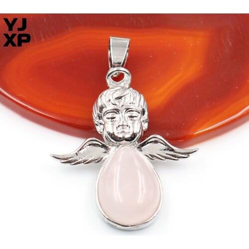 YJXP Classic Silver Plated Water Drop Natural Rose Pink Quartz Cute Angel Pendant For Gift Jewelry
