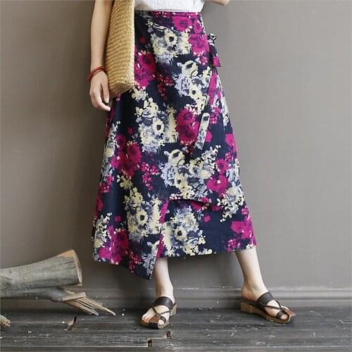 Women Loose Retro Vintage Washed Elastic Waist Skirts Ladies Vintage Cotton Linen Summer SKirts 2019 Cotton Flax Printed Skirt