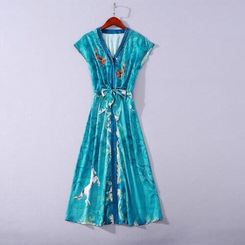 Womens American European and clothing 2021 summer new style Sleeveless beaded V-neck deer print Fashionable blue dress