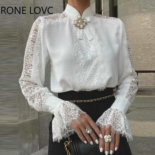 Women Solid Elegant Half-High Neck Lace Patchwork Flared Sleeves Hollow out Women White Blouse