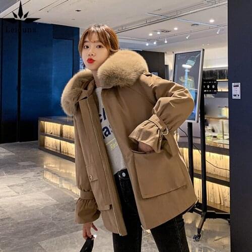 Leiouna Cotton Padded Plush Thickening Womens Safari Style Short Khaki Casual Clothing Big Hair Collar Winter Loose Parka Coat