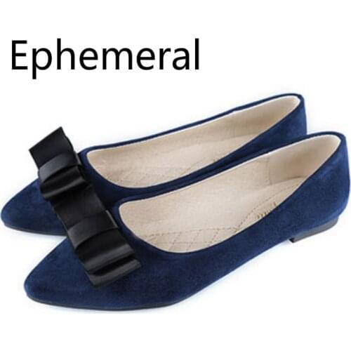 Ladies Sweet Solid Flats Pointy Toe Flock Silk Bow Slip-ons Black Blue Grey Latex Spongy Insole Plus Size Wide Fit Shoes 43 33 8