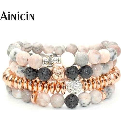 4pcs In set Fashion Women Multi-layer Bracelet Natural Smei-precious Stone Black Lava Rose Gold Faceted Hematite Bangles 10sets