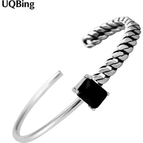 High Quality Women 925 Sterling Silver Vintage Cuff Bangles Black Square Stone Open Adjustable Bangles Jewelry