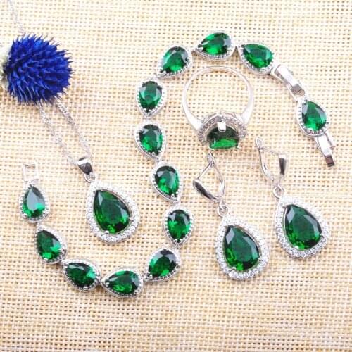 Womens Water Drop Jewelry Sets Silver Color Necklace Pendant Earrings Green Zirconia Rings Bracelet Free Jewellry Box YZ0106