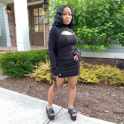 Women Solid Color Female Sexy Mini Dress Long Sleeve High Waist Bandage Pleated Collar Side Drawstring Fashion Hollow Clothes