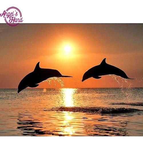 5D DIY Diamond Painting Dolphin Embroidery Full Square Diamond Cross Stitch Sunset Water Dolphin Rhinestone Mosaic Painting