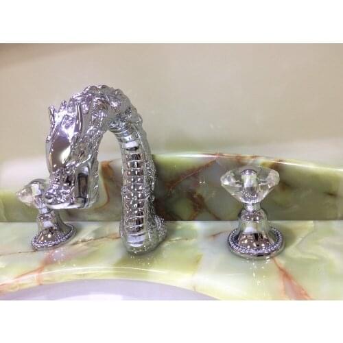 Free shipping CHROME color Solid brass widespread 8" 3 Holes Bathroom lavatory Sink Faucet crystal handles DRAGON FAUCET