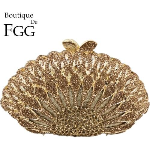 Boutique De FGG Elegant Golden Peacock Women Crystal Evening Clutch Minaudiere Bags Wedding Dinner Diamond Purses and Handbags