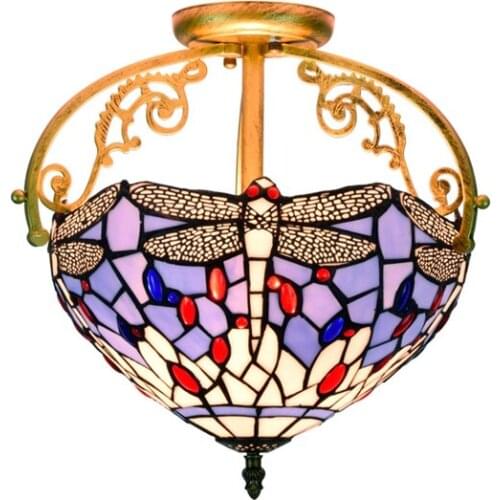 European style Mediterranean Dragonfly creative corridor corridor semi hanging ceiling lamp Tiffany color glass led art lamp