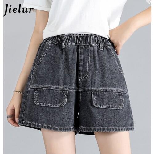 Jielur High Waist Denim Jeans for Womens 2021 Summer Elastic Waist Casual Shorts for Women Black Slim Straight-legs Short S-5XL