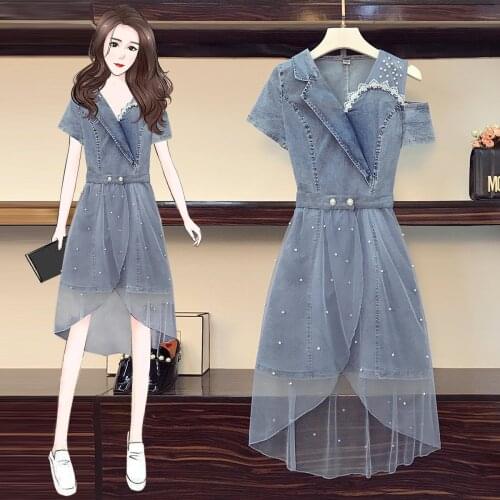 JSXDHK Large Size M-4XL Summer Denim Dress Suit Fashion Women V Neck Jean Dress + Mesh Beading Skirts Suit Elegant Two Piece Set